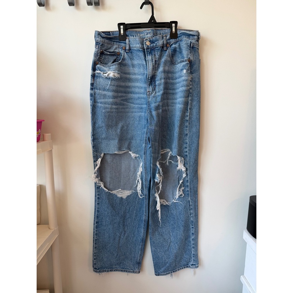 American Eagle Strigid Distressed Wide Leg Jeans Blue Size 18 Regular Real Good